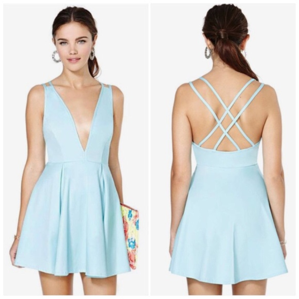 Nasty Gal deep V light blue dress NWT
